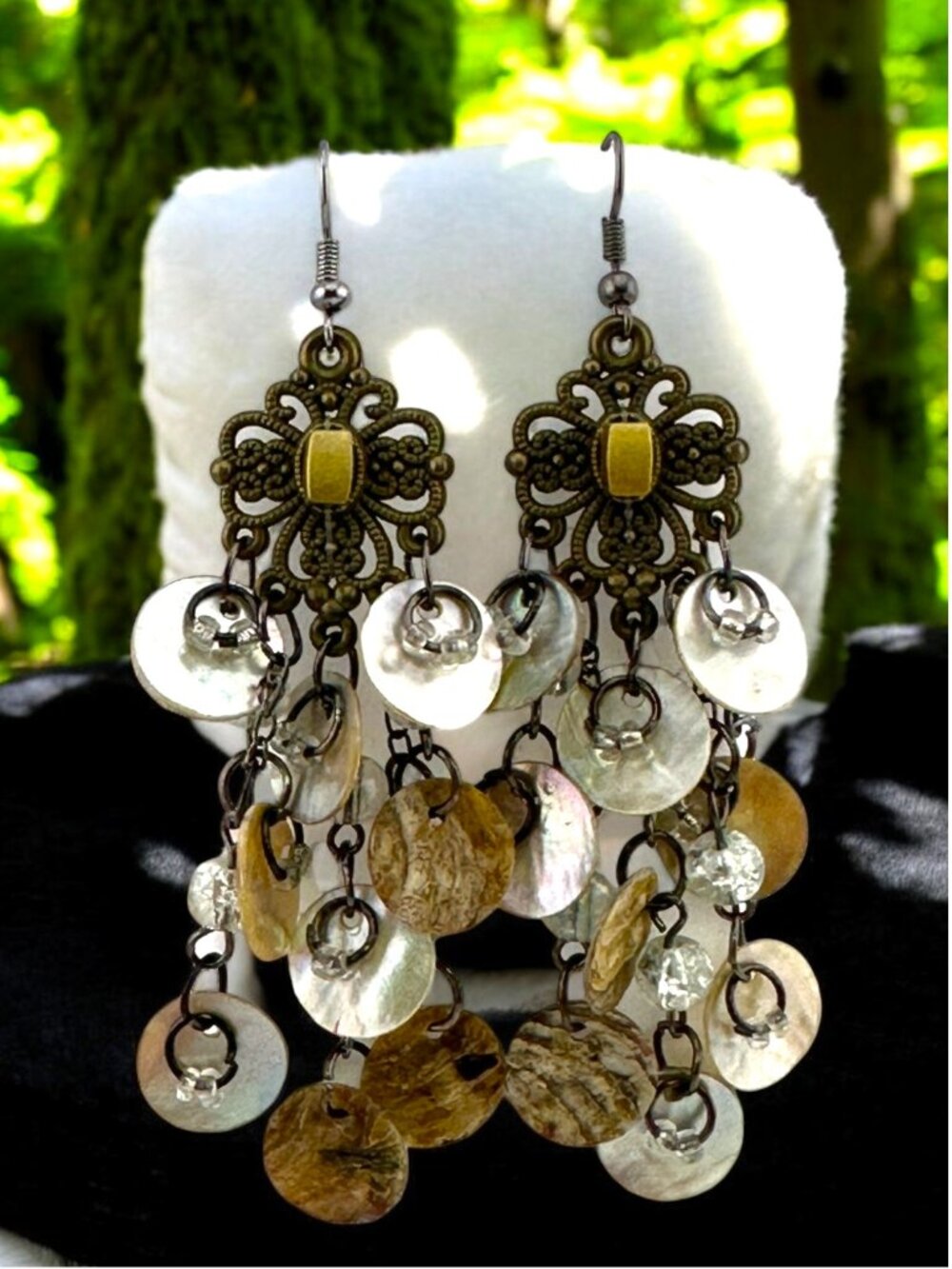 Vintage Mother of Pearl Chandelier Earrings Boho Shell Cascade Dangle 3.5"